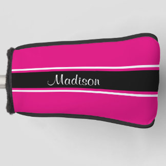 Hot Pink Black Stripe Script Name Monogram Golf Head Cover