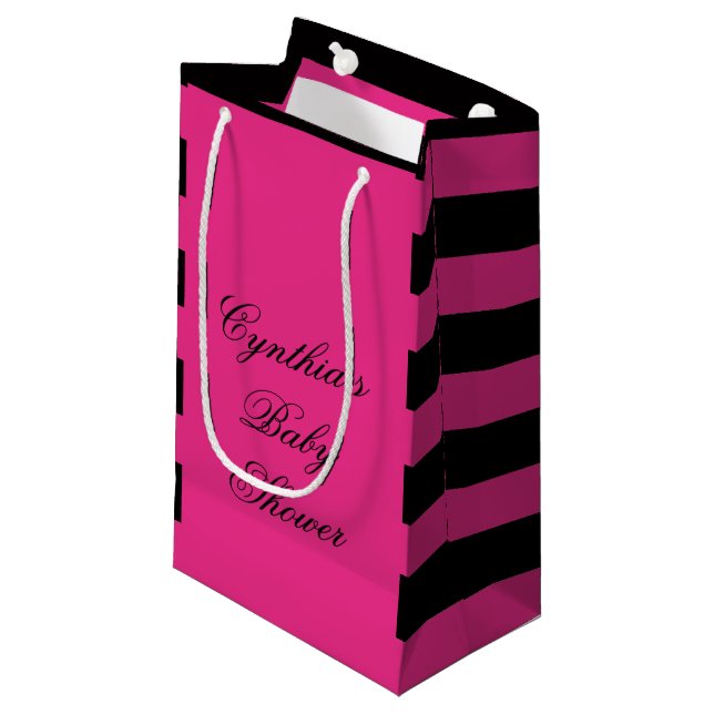 Hot Pink & Black Stripes Baby Shower Favour Bags (Front Angled)