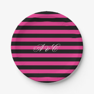 Hot Pink & Black Stripes Party Paper Plates