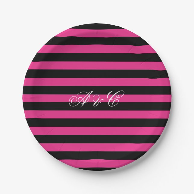Hot Pink & Black Stripes Party Paper Plates (Front)