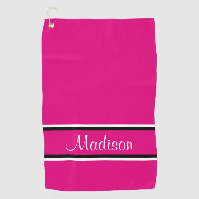 Hot Pink Black Stripes Script Name Golf Towel (Front)
