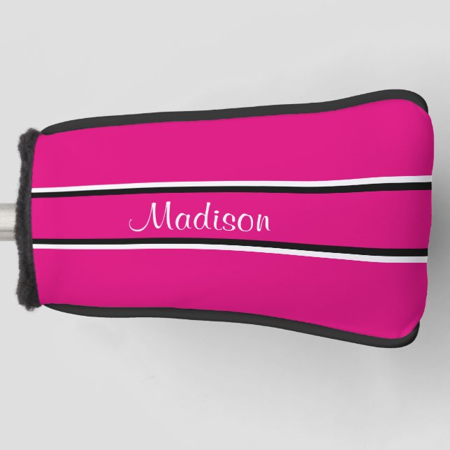 Hot Pink Black Stripes Script Name Monogram Golf Head Cover (Front)