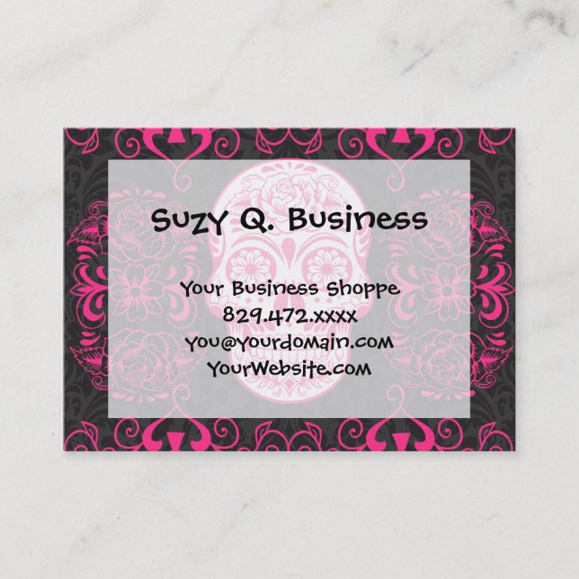 Hot Pink Black Sugar Skull Roses Gothic Grunge Business Card (Front)