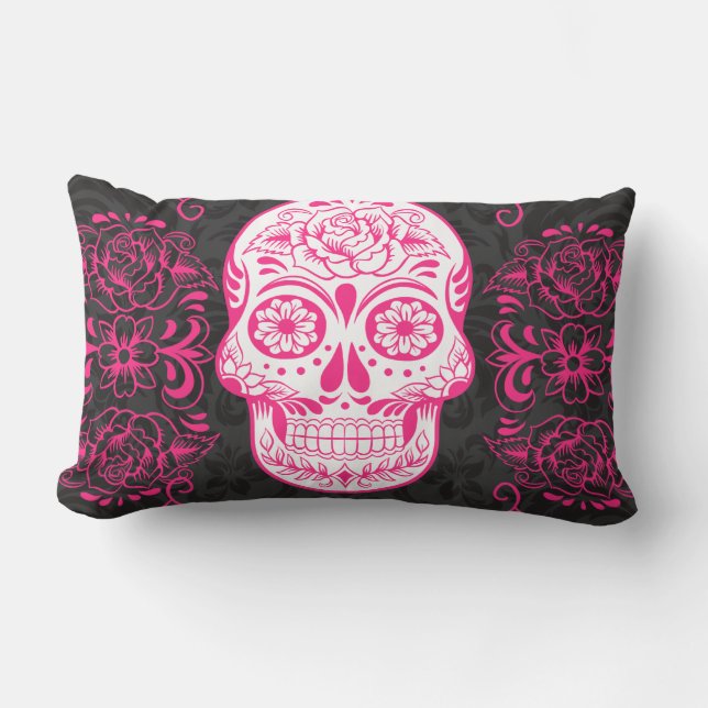 Hot Pink Black Sugar Skull Roses Gothic Grunge Lumbar Cushion (Front)