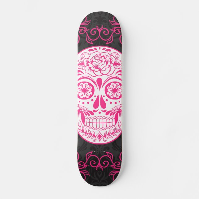 Hot Pink Black Sugar Skull Roses Gothic Grunge Skateboard (Front)