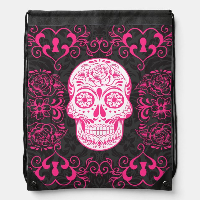 Hot Pink Black Sugar Skull Tattoo Art Cinch Bag (Front)