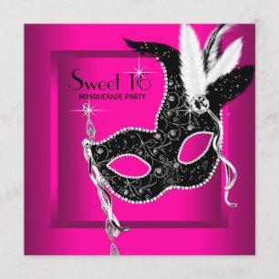 Hot Pink Black Sweet 16 Masquerade Party Invitation