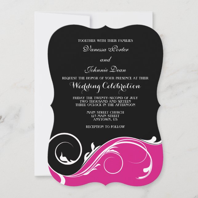 Hot Pink Black Swirl Bracket Wedding Invites (Front)
