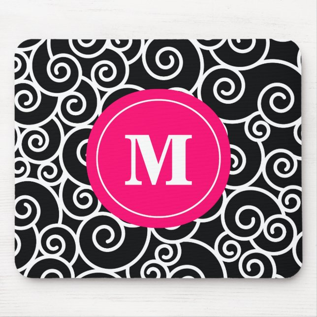 Hot Pink Black Swirl Monogram Mouse Pad. Mat (Front)