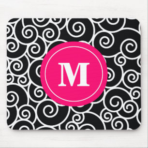 Hot Pink Black Swirl Monogram Mouse Pad. Mouse Mat
