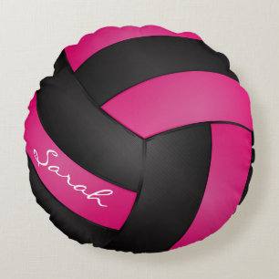 Hot Pink & Black Volleyball   DIY Name   Sport Round Cushion