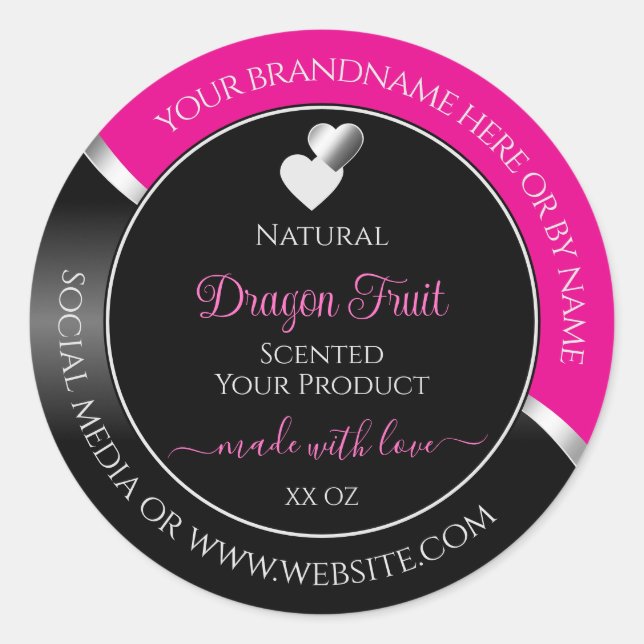 Hot Pink Black Wavy Silver Hearts Product Labels (Front)