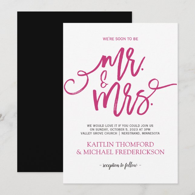 Hot Pink & Black Wedding Invitations |Brush Script (Front/Back)