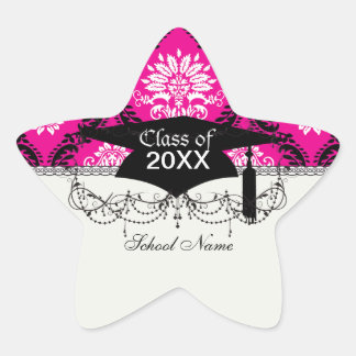 hot pink black white ornate damask star sticker