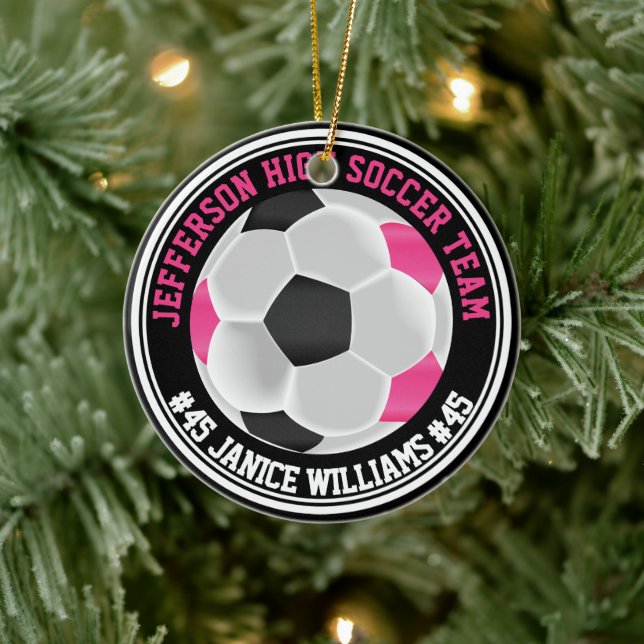 Hot Pink, Black & White Soccer ⚽  Ceramic Tree Decoration (Tree)