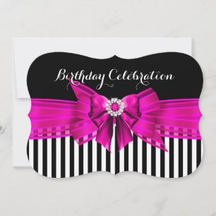 Hot Pink Black White Stripe Birthday Party Invitation