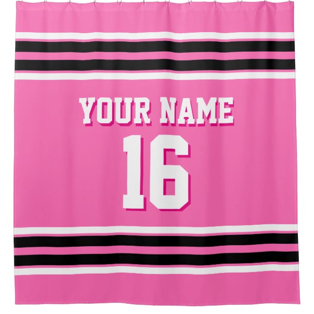 Hot Pink Black White Stripes Sports Jersey Shower Curtain (Front)