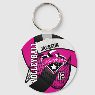 Hot Pink, Black & White Volleyball 🏐 Design Key Ring