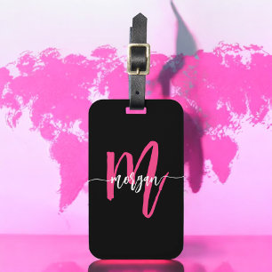 Hot Pink Black World Traveller Monogram Name Luggage Tag