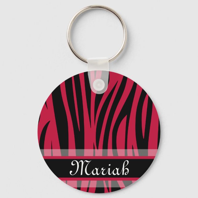Hot Pink Black Zebra Print Custom Name Key Ring (Front)