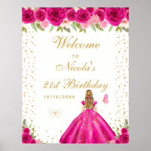 Hot Pink Blonde Hair Girl Birthday Party Welcome Poster