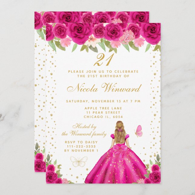 Hot Pink Blonde Hair Princess Birthday Party Invitation (Front/Back)