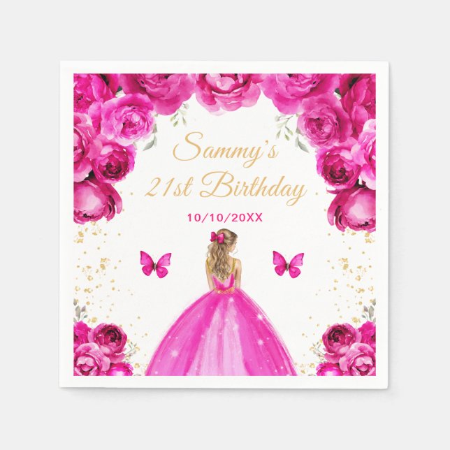 Hot Pink Blonde Hair Princess Birthday Party Napkin (Front)