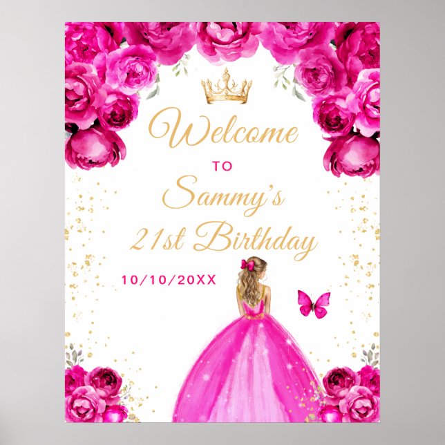 Hot Pink Blonde Hair Princess Birthday Welcome Poster (Front)