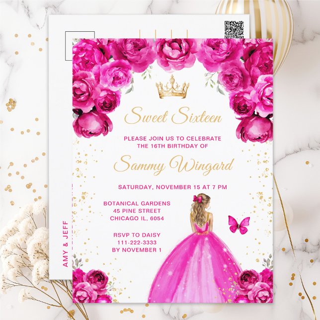 Hot Pink Blonde Hair Princess Sweet Sixteen Postcard (Creator Uploaded)