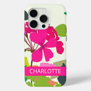 Hot Pink Blooming Geraniums Florist Custom Name iPhone 15 Pro Case