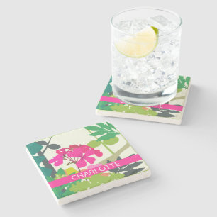 Hot Pink Blooming Geraniums Florist Custom Name Stone Coaster