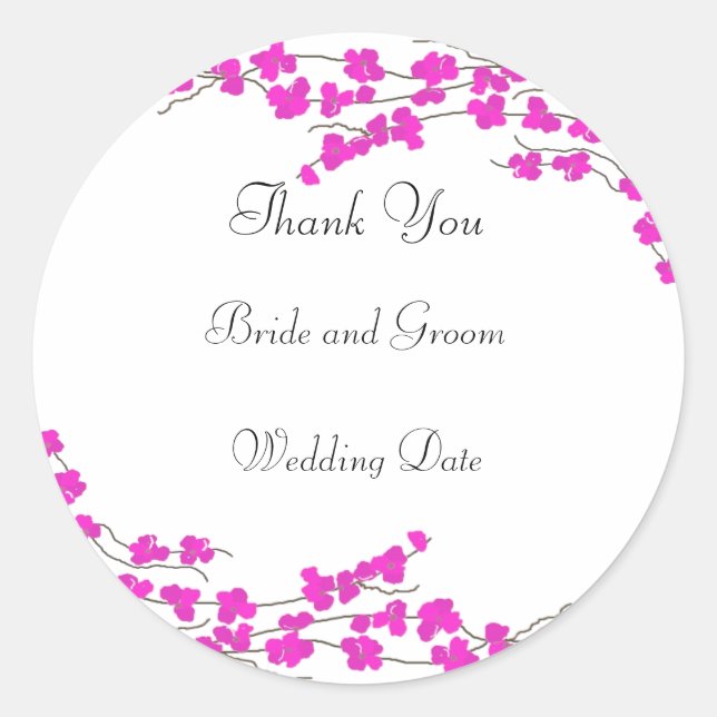Hot Pink Blossom Wedding Thank You Classic Round Sticker (Front)