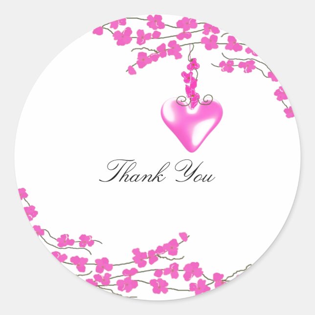 Hot Pink Blossom With Heart Thank You Classic Round Sticker (Front)