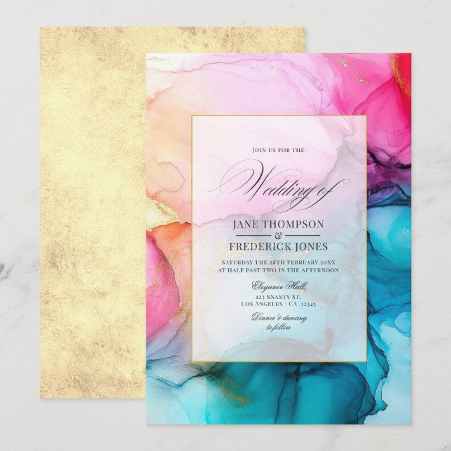 Hot-Pink, Blue and Gold Alcohol Ink Wedding Invitation (Front/Back)