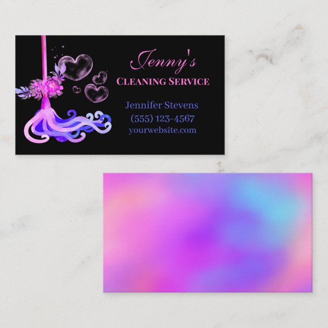 Hot Pink & Blue Floral Mop Cleaning Service Business Card (Front/Back)