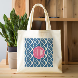 Hot Pink & Blue Geometric Pattern Monogram Tote Bag