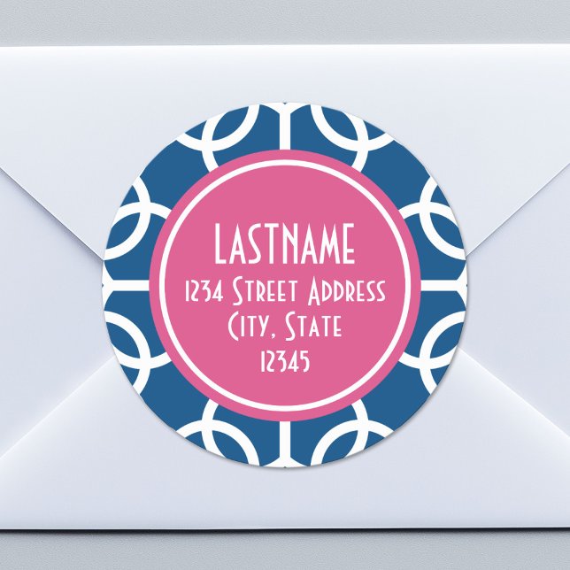 Hot Pink & Blue Geometric Pattern Monograms Classic Round Sticker (Custom Return Address Sticker)