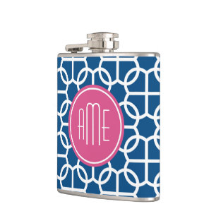 Hot Pink & Blue Geometric Pattern Monograms Hip Flask