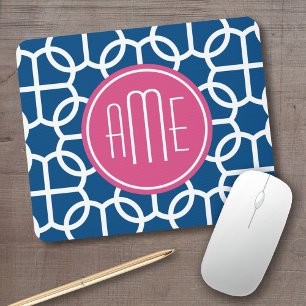 Hot Pink & Blue Geometric Pattern Monograms Mouse Mat