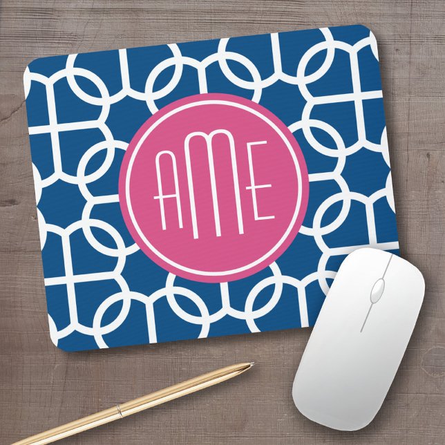 Hot Pink & Blue Geometric Pattern Monograms Mouse Mat (Personalized mousepad - add your custom text)