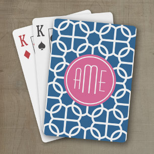 Hot Pink & Blue Geometric Pattern Monograms Playing Cards