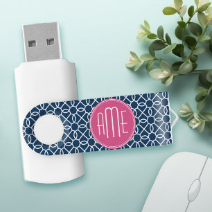 Hot Pink & Blue Geometric Pattern Monograms USB Flash Drive