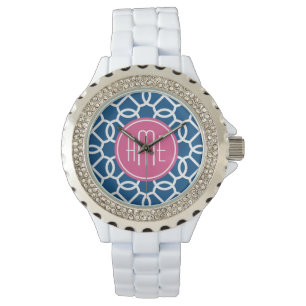 Hot Pink & Blue Geometric Pattern Monograms Watch