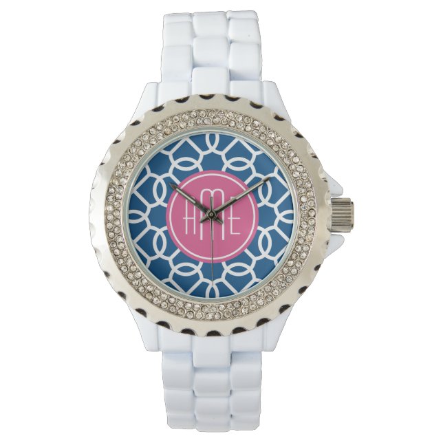 Hot Pink & Blue Geometric Pattern Monograms Watch (Front)