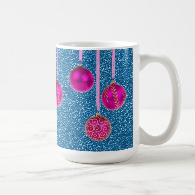 Hot Pink Blue Glitter Merry Christmas Baubles Mug (Right)