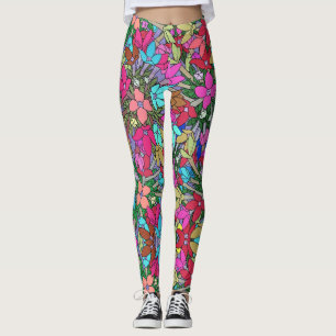 Hot Pink, Blue, Green Floral Print Leggings