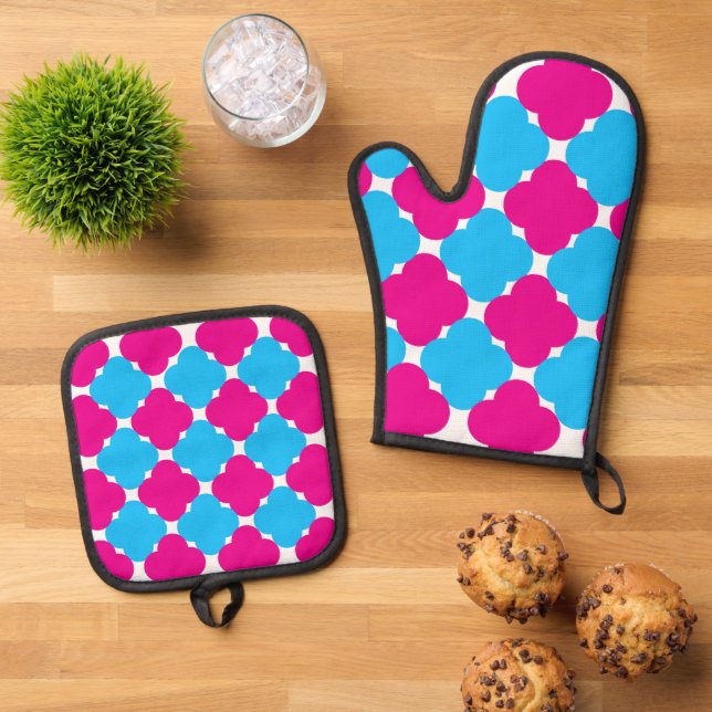 Hot Pink Blue Kitchen Accessories Dopamine Colours Oven Mitt & Pot Holder Set (Top Down)