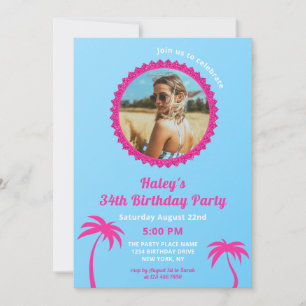Hot Pink & Blue Modern Photo 34th Birthday Invitation