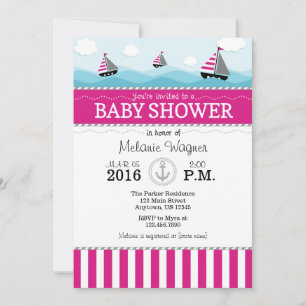 Hot Pink Blue Nautical Baby Shower Invitation