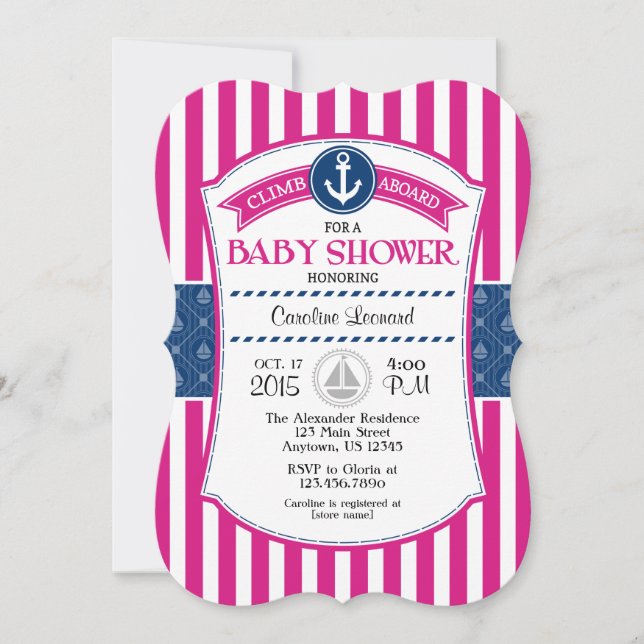 Hot Pink Blue Nautical Baby Shower Invitation (Front)